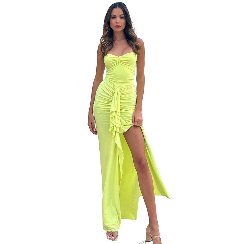 Hanging Neck One line Neck Drawn Pleated Split Slim Fit Dress for Women