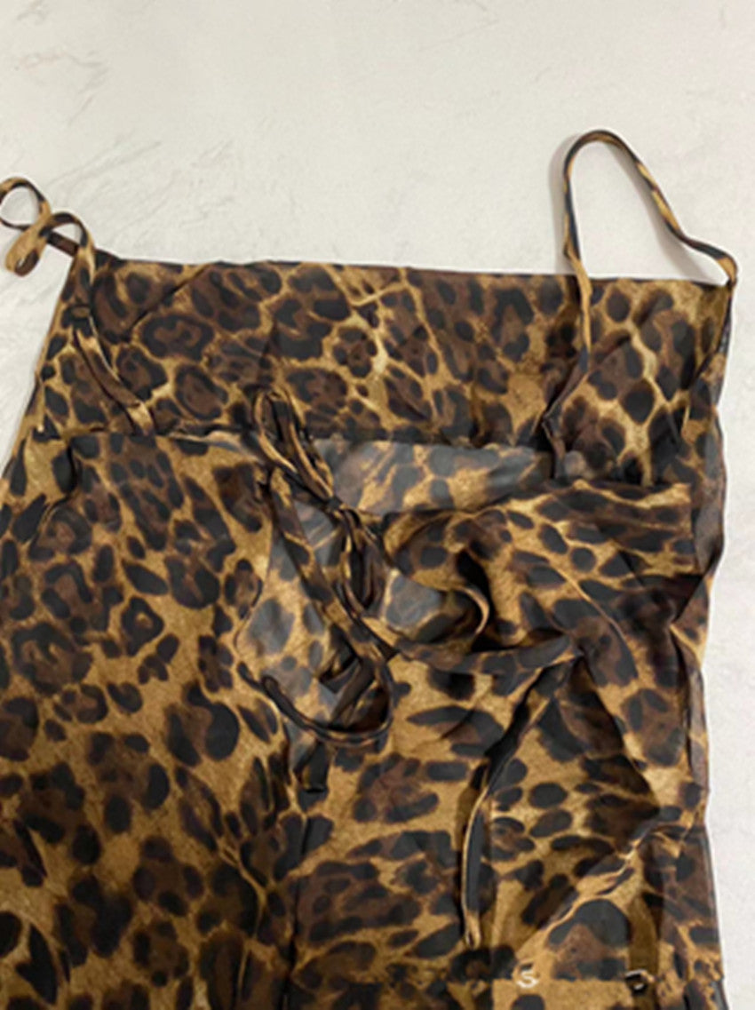 Slim Fit Backless See-through Leopard Print Dress