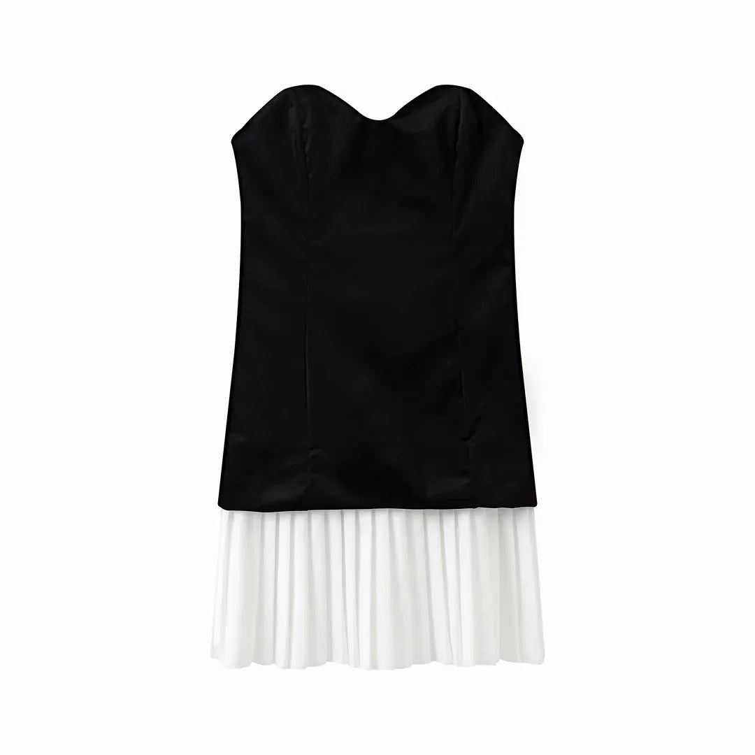 Slim-fit Black Velvet Tube Top Stitching Dress