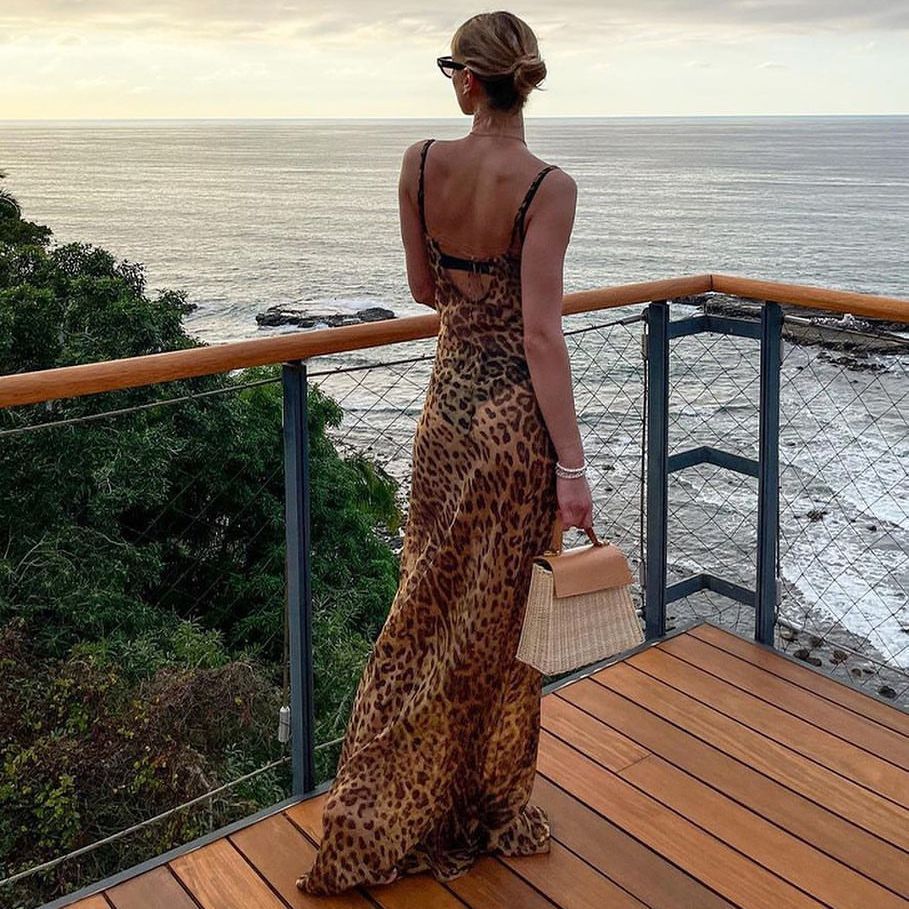 Slim Fit Backless See-through Leopard Print Dress