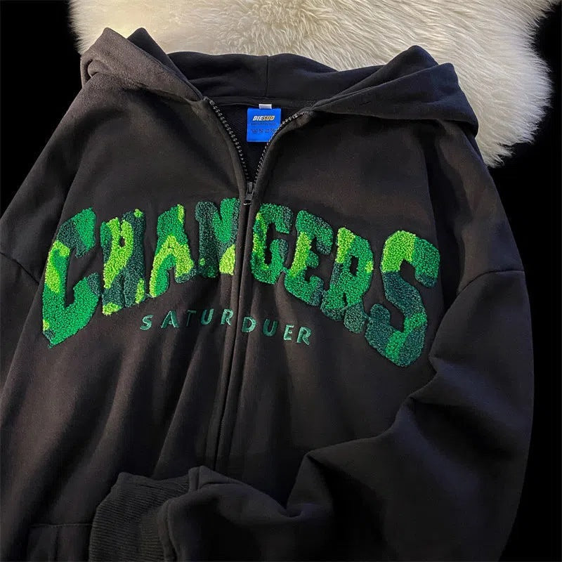 Vintage Green Flock Embroidery Hoodie Sweater