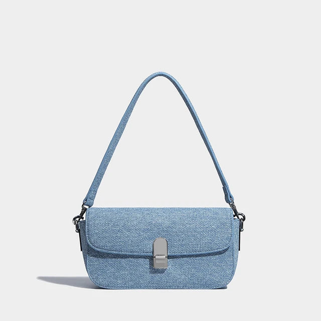 Fashion Women's Denim Shoulder Bag Blue Small Underarm Clutch Handbag Simple Stylish Flap Crossbody Purse