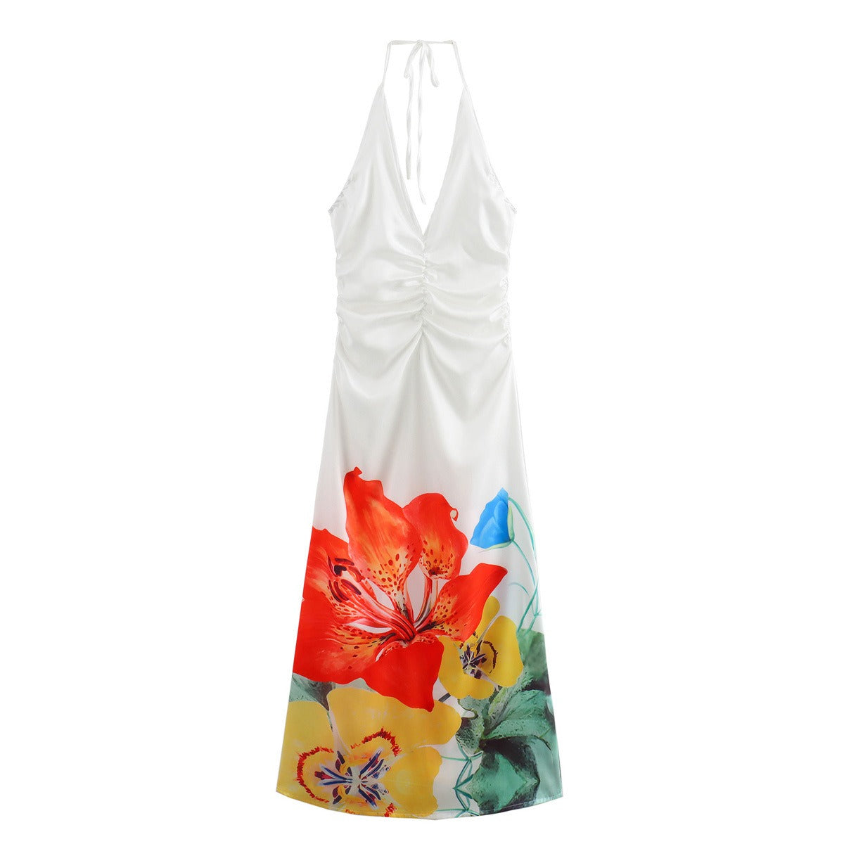 Satin printed tropical flowers long skirt halterneck strappy V neck dress