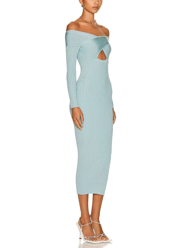 Knitting Temperament Dresses For Women Slash Neck Long Sleeve High Waist Minimalist Slimming Dress Female Clothing