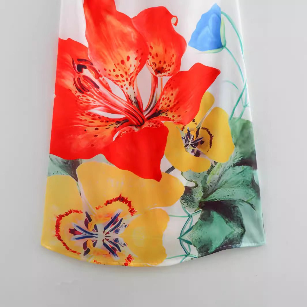 Satin printed tropical flowers long skirt halterneck strappy V neck dress