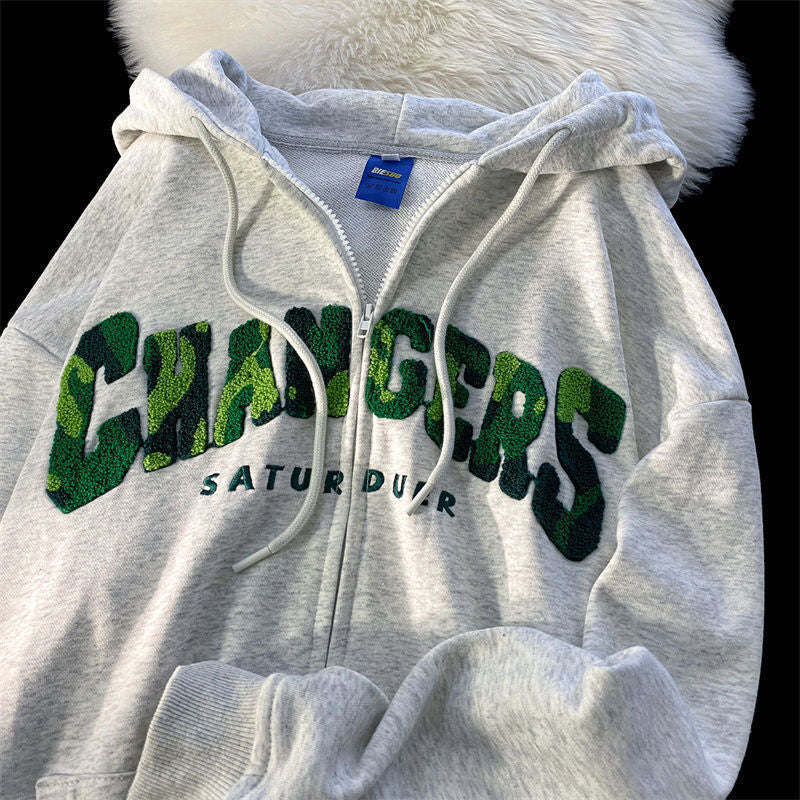 Vintage Green Flock Embroidery Hoodie Sweater