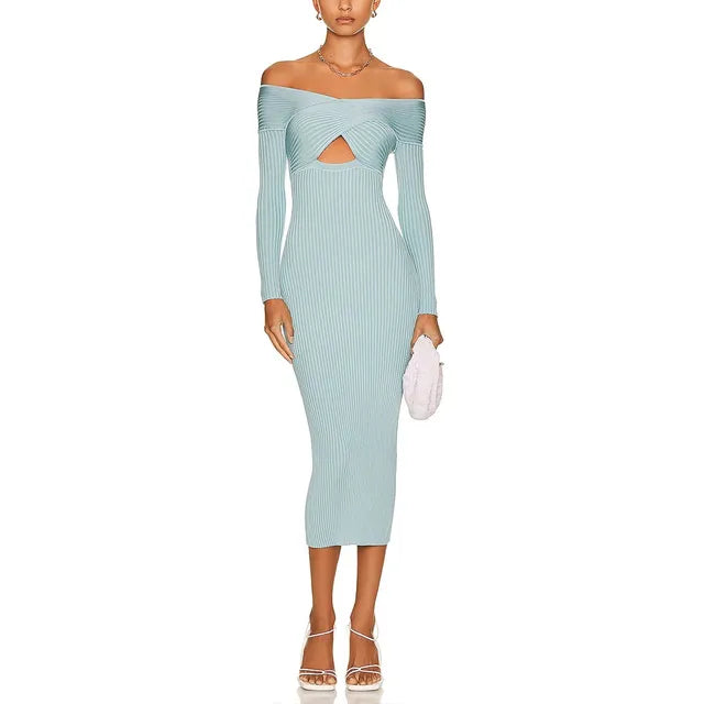 Knitting Temperament Dresses For Women Slash Neck Long Sleeve High Waist Minimalist Slimming Dress Female Clothing