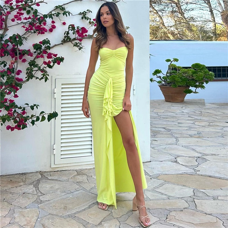 Hanging Neck One line Neck Drawn Pleated Split Slim Fit Dress for Women