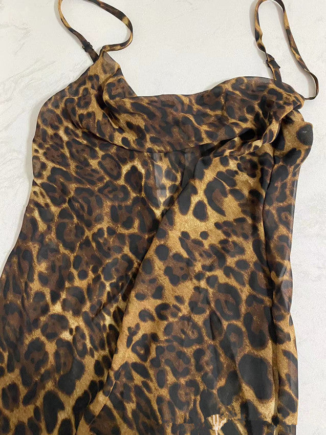 Slim Fit Backless See-through Leopard Print Dress