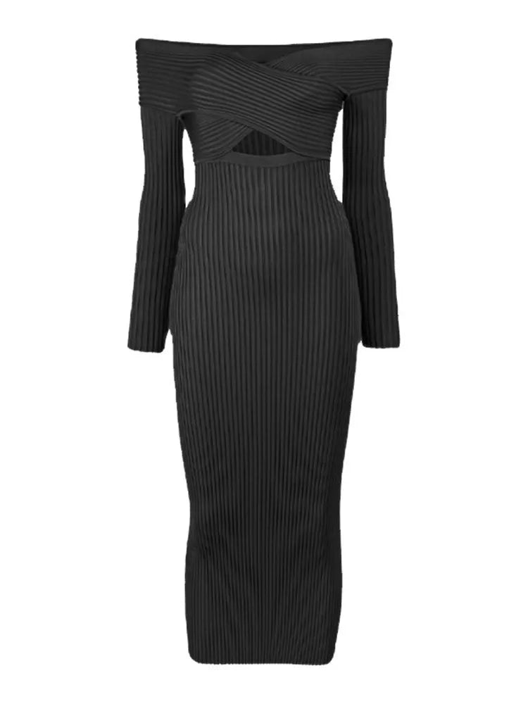 Knitting Temperament Dresses For Women Slash Neck Long Sleeve High Waist Minimalist Slimming Dress Female Clothing