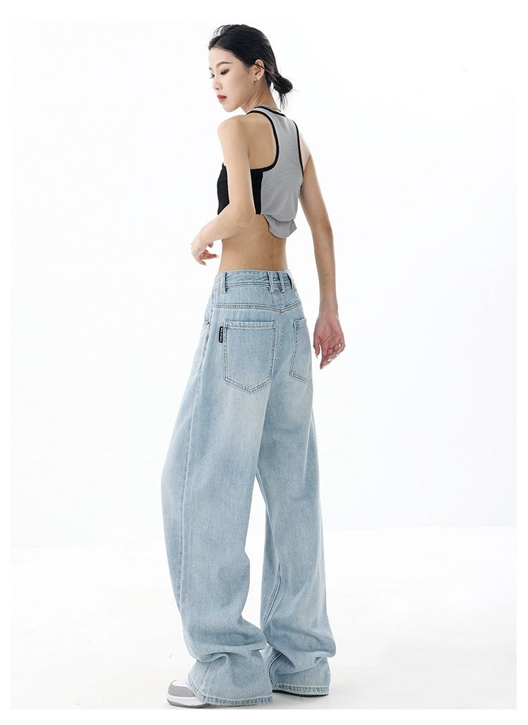 Women's Loose Light Blue Washed Wide-leg Jeans