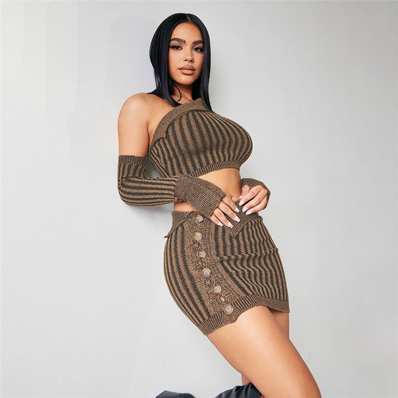 Collar Sexy Bare Midriff High Waist Sheath Slim Fit Skirt Suit
