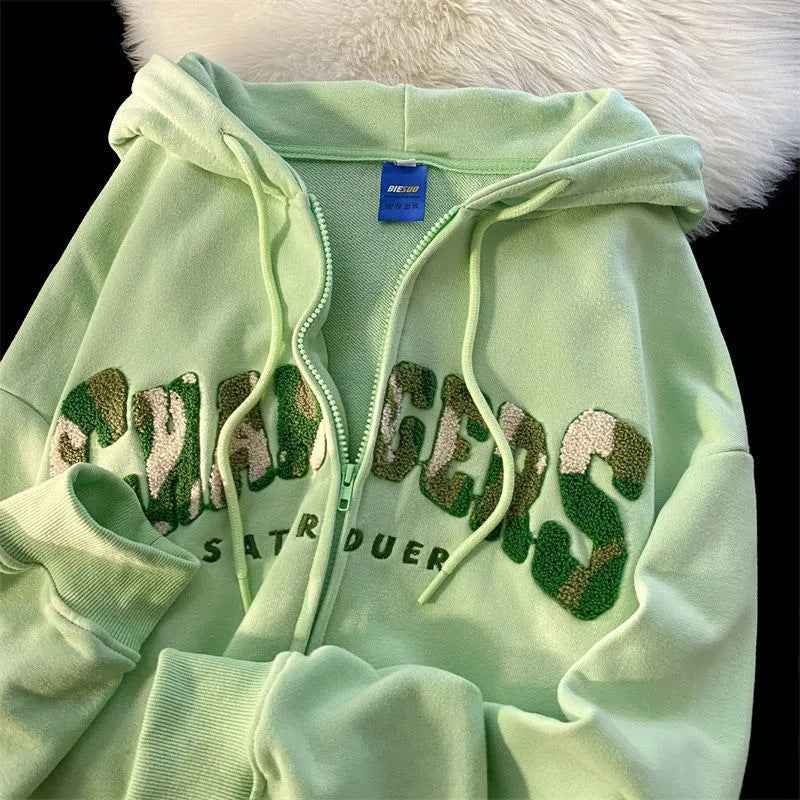 Vintage Green Flock Embroidery Hoodie Sweater