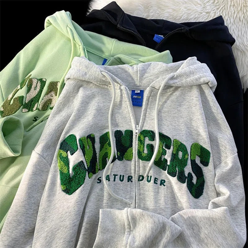 Vintage Green Flock Embroidery Hoodie Sweater