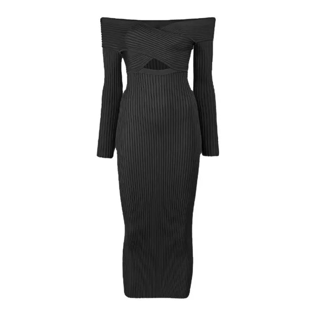 Knitting Temperament Dresses For Women Slash Neck Long Sleeve High Waist Minimalist Slimming Dress Female Clothing