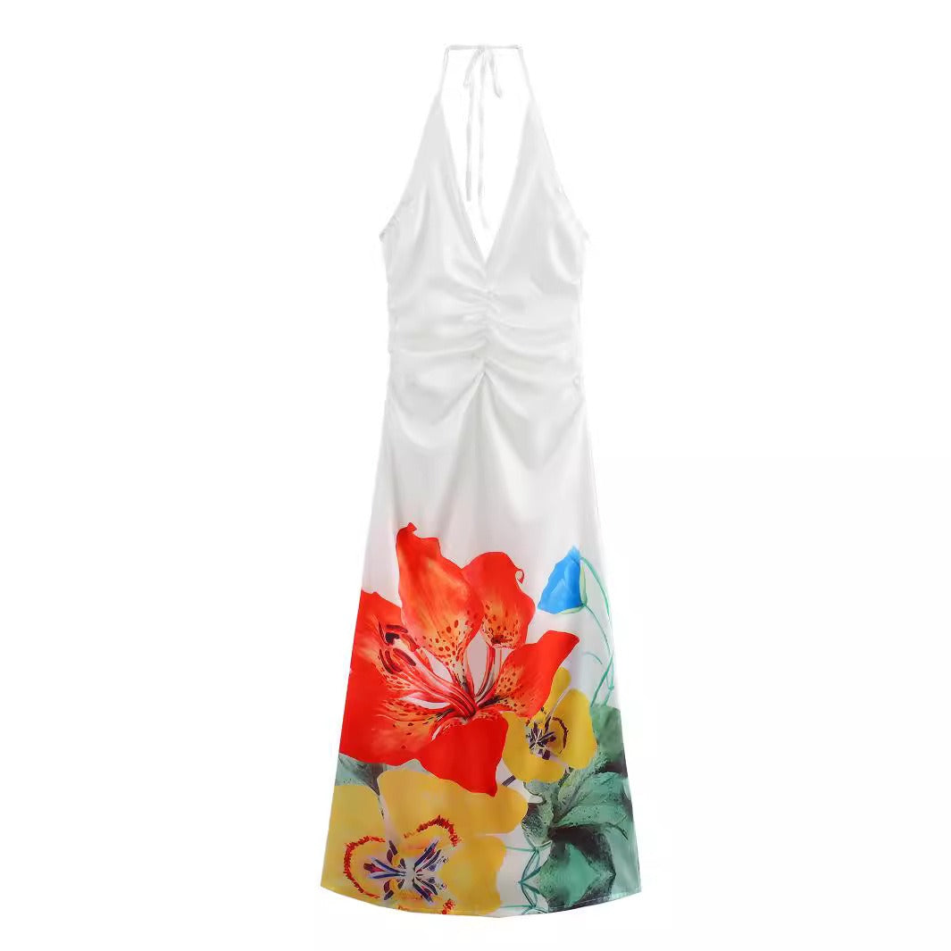 Satin printed tropical flowers long skirt halterneck strappy V neck dress