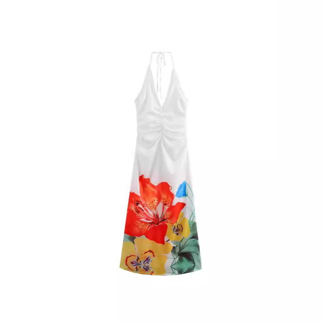 Satin printed tropical flowers long skirt halterneck strappy V neck dress