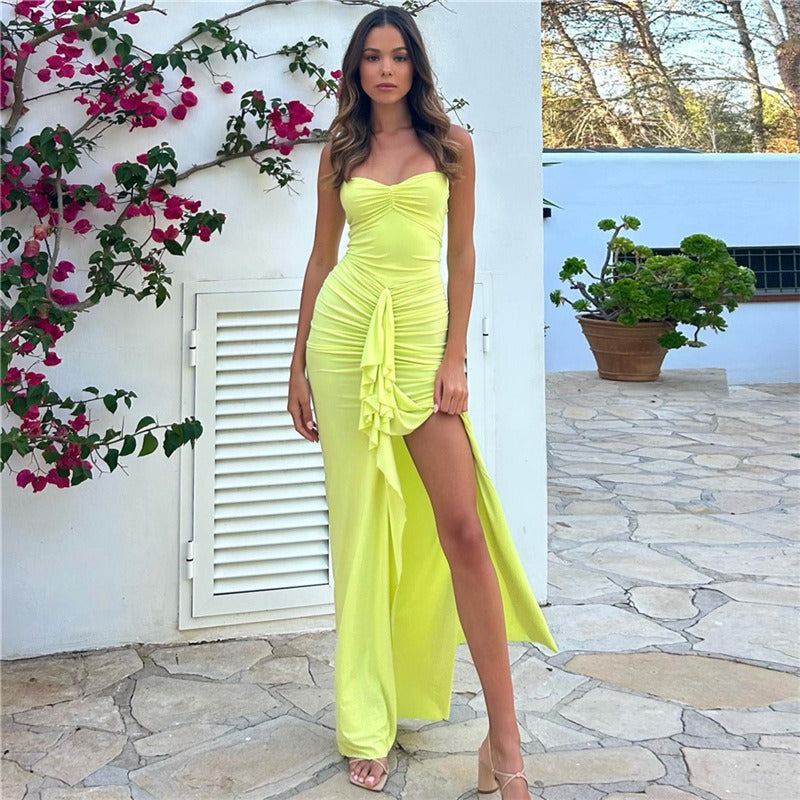 Hanging Neck One line Neck Drawn Pleated Split Slim Fit Dress for Women