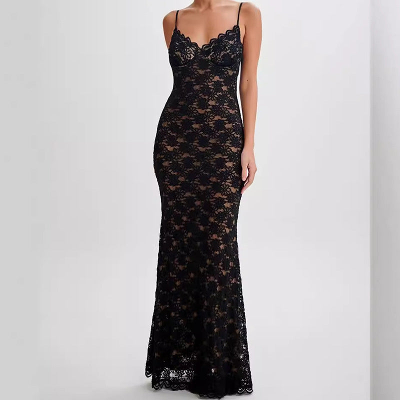 Strap Dress Fashionable See-through Hip Skirt Lace Slim Fit Dress