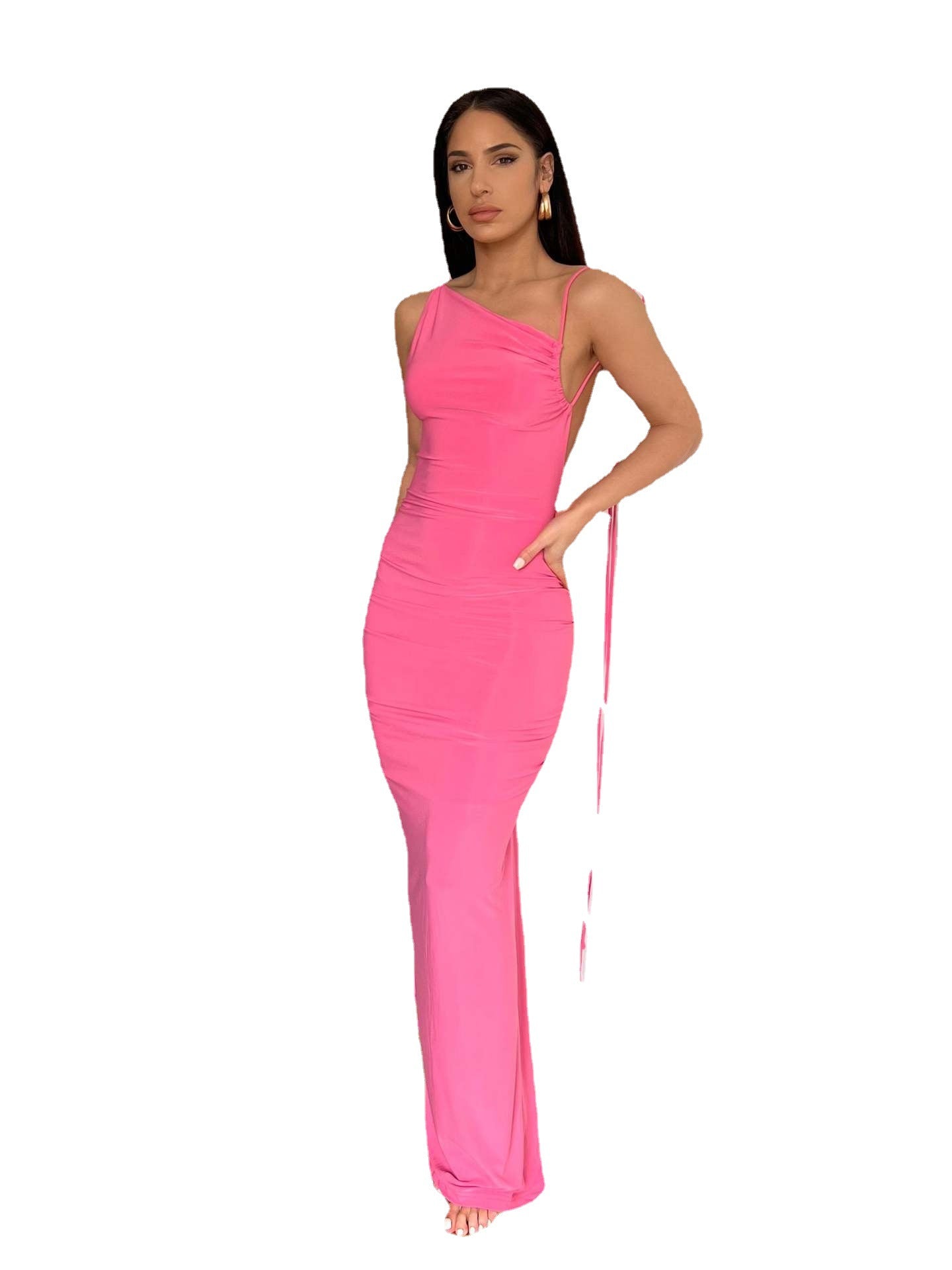 Lace-up Temperament Diagonal Collar Halter Dress