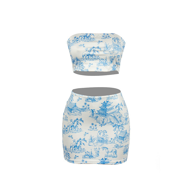 Women's Fashion Sleeveless Printed Tube Top Slim-fit Hip-wrapped Short Dress Suit