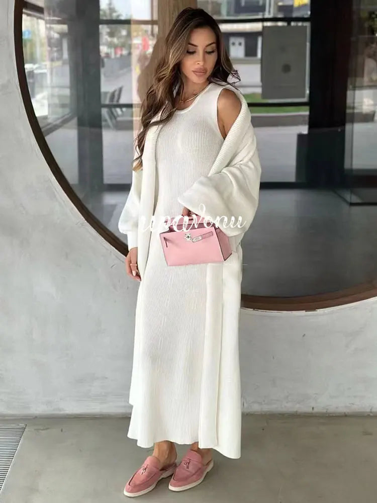 Casual Solid Knitted Sweater Long Dress Set