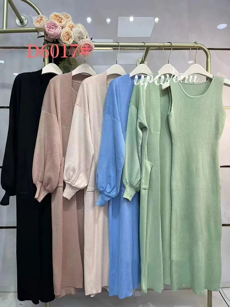 Casual Solid Knitted Sweater Long Dress Set