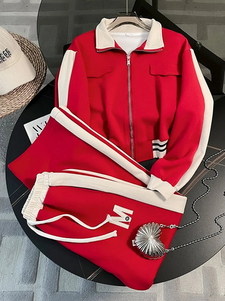 Fashion Jacket Pants Two Piece Set For Women 2023 Autumn Korean Stand Collar Zipper Coat+Casual Trousers Suit Female Tracksuit