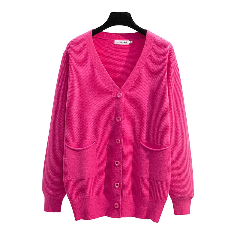 Women's Bust 160 Spring Autumn Loose V-Neck Cardigan Sweater Knitted Coat Black Rose