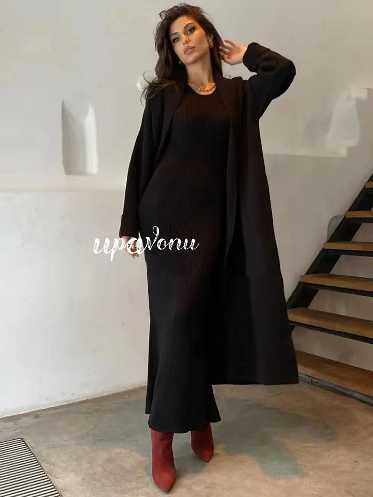 Casual Solid Knitted Sweater Long Dress Set
