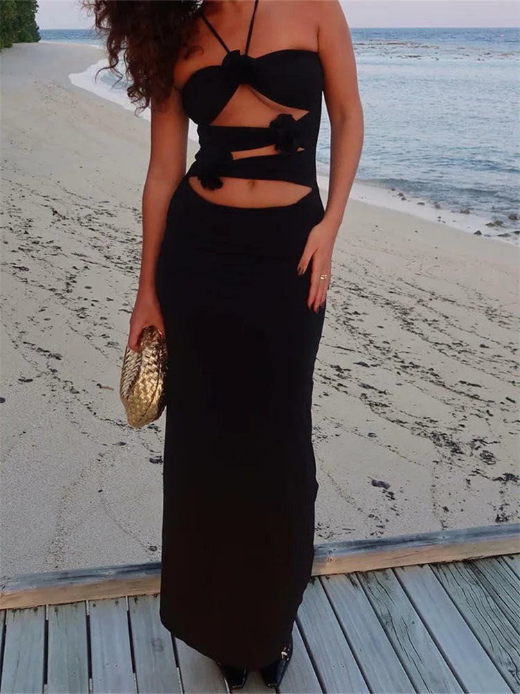 Flower design Long Dress with Sexy Hollow Out