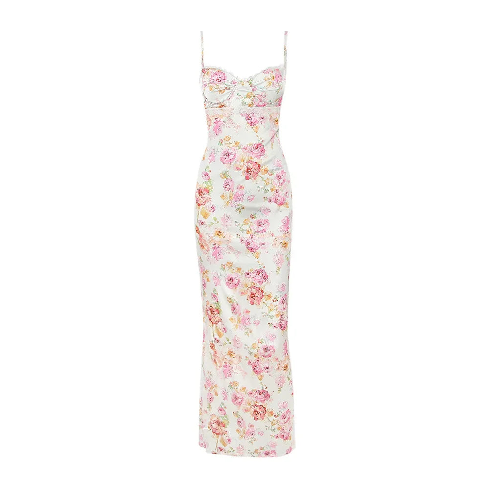 Mingmingxi Summer Spaghetti Strap Maxi Party Dresses Casual White Floral Print Slim Go Out Holiday Dress Cute New In Dress 2023