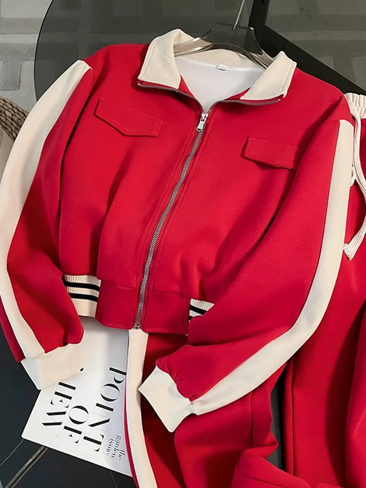 Fashion Jacket Pants Two Piece Set For Women 2023 Autumn Korean Stand Collar Zipper Coat+Casual Trousers Suit Female Tracksuit