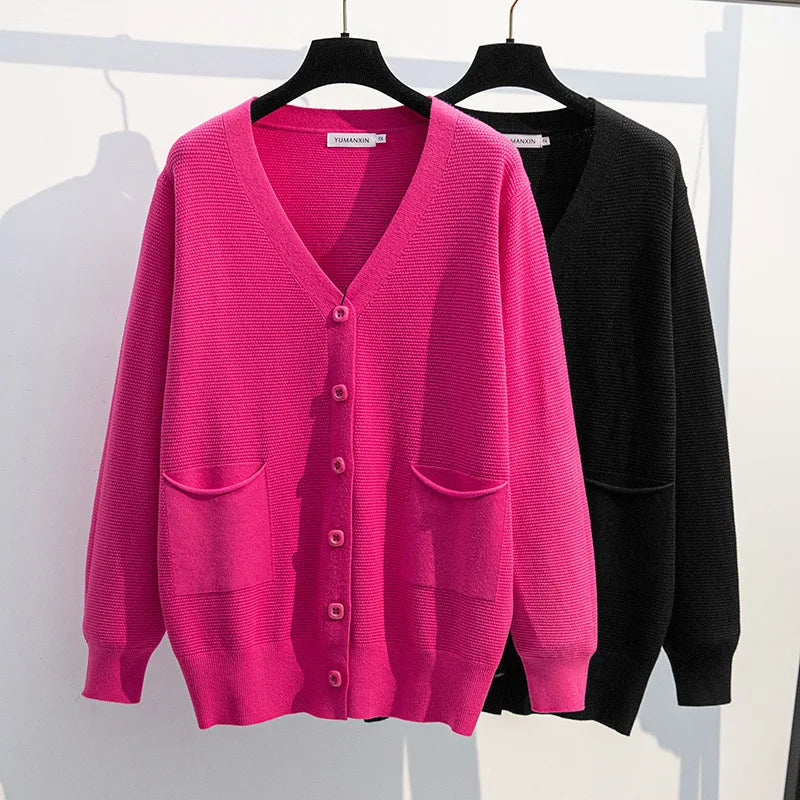 Women's Bust 160 Spring Autumn Loose V-Neck Cardigan Sweater Knitted Coat Black Rose