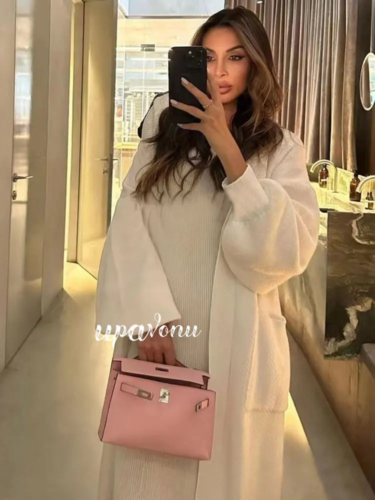 Casual Solid Knitted Sweater Long Dress Set