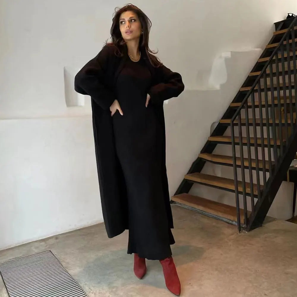 Casual Solid Knitted Sweater Long Dress Set