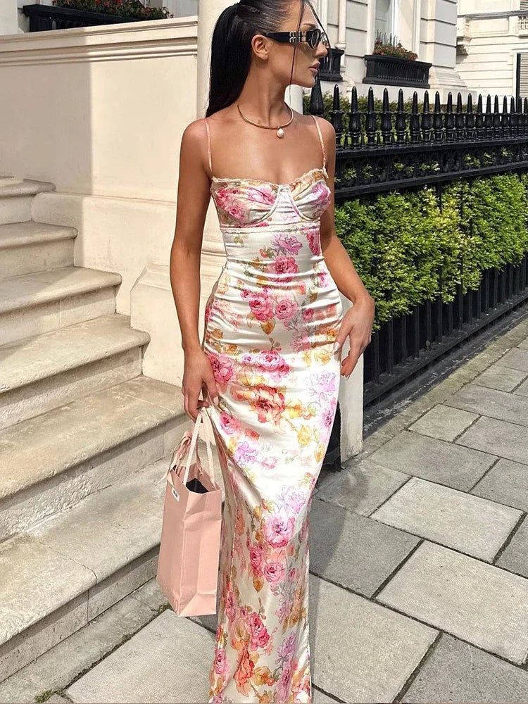 Mingmingxi Summer Spaghetti Strap Maxi Party Dresses Casual White Floral Print Slim Go Out Holiday Dress Cute New In Dress 2023