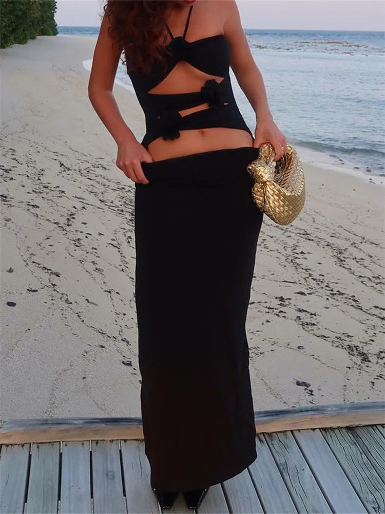 Flower design Long Dress with Sexy Hollow Out