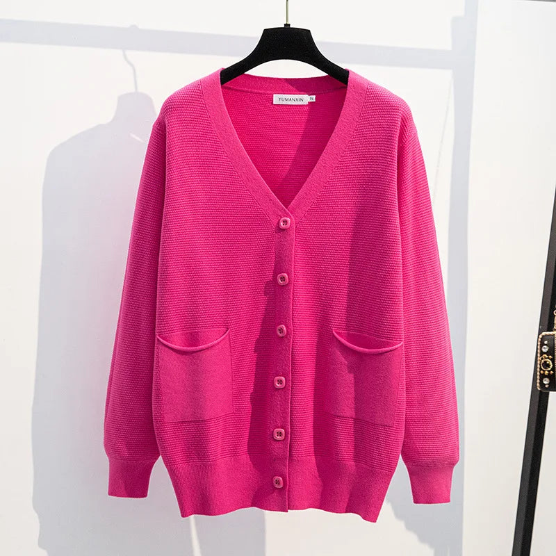 Women's Bust 160 Spring Autumn Loose V-Neck Cardigan Sweater Knitted Coat Black Rose