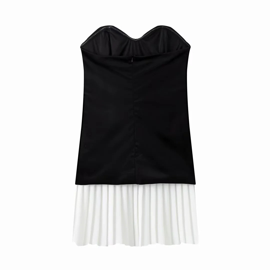 Slim-fit Black Velvet Tube Top Stitching Dress
