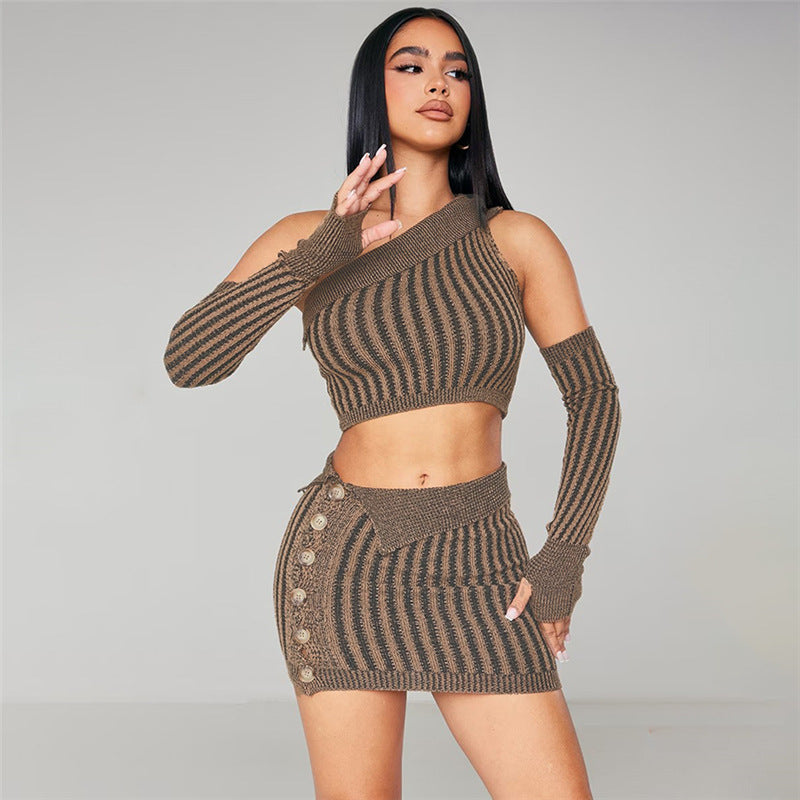 Collar Sexy Bare Midriff High Waist Sheath Slim Fit Skirt Suit