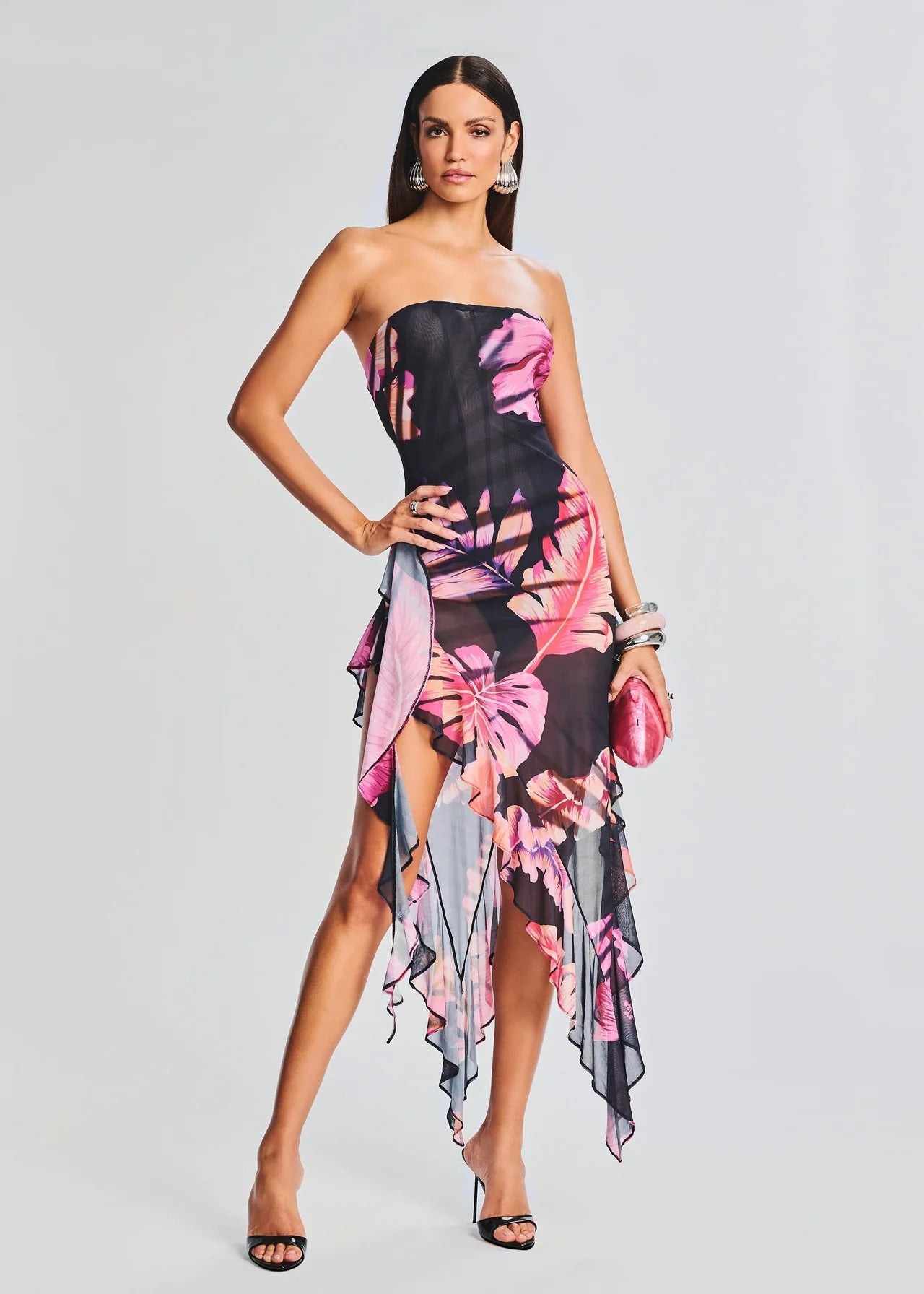 Slim dress printed flowers and palms patterns