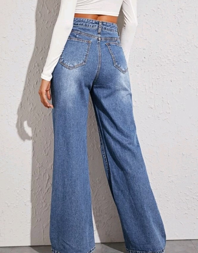 High Waist Loose Jeans For Women Fashion Casual Denim Wide Leg Pants Street Casual Trousers