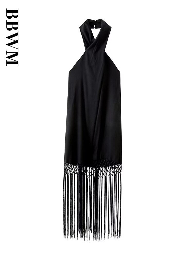 Tassels Halter Dress Women Black Vintage Backless Midi Dress Woman Sexy Off Shoulder Dresses 2023 Summer New Chic Female Dress