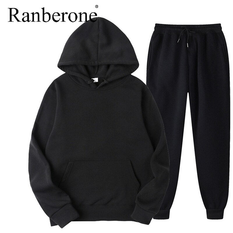 Ranberone 2Pcs Sport Suit Fitness Solid Color Women's Tracksuits Hooded Pullover Sweatshirt Casual Pants Sets Sportswear Male