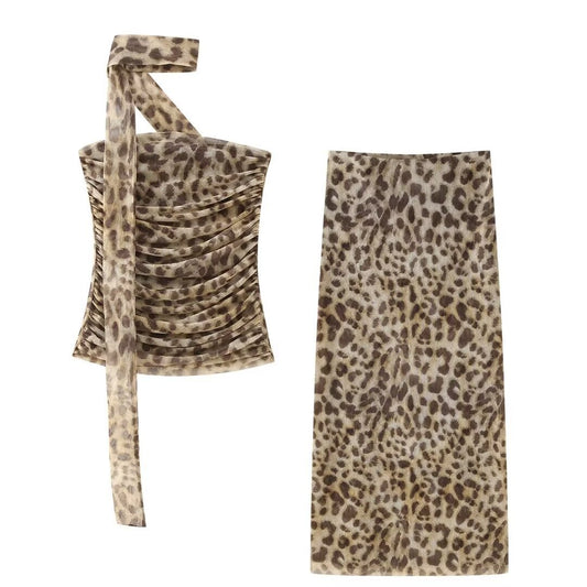 Sexy leopard print slim fit suit halter neck vest