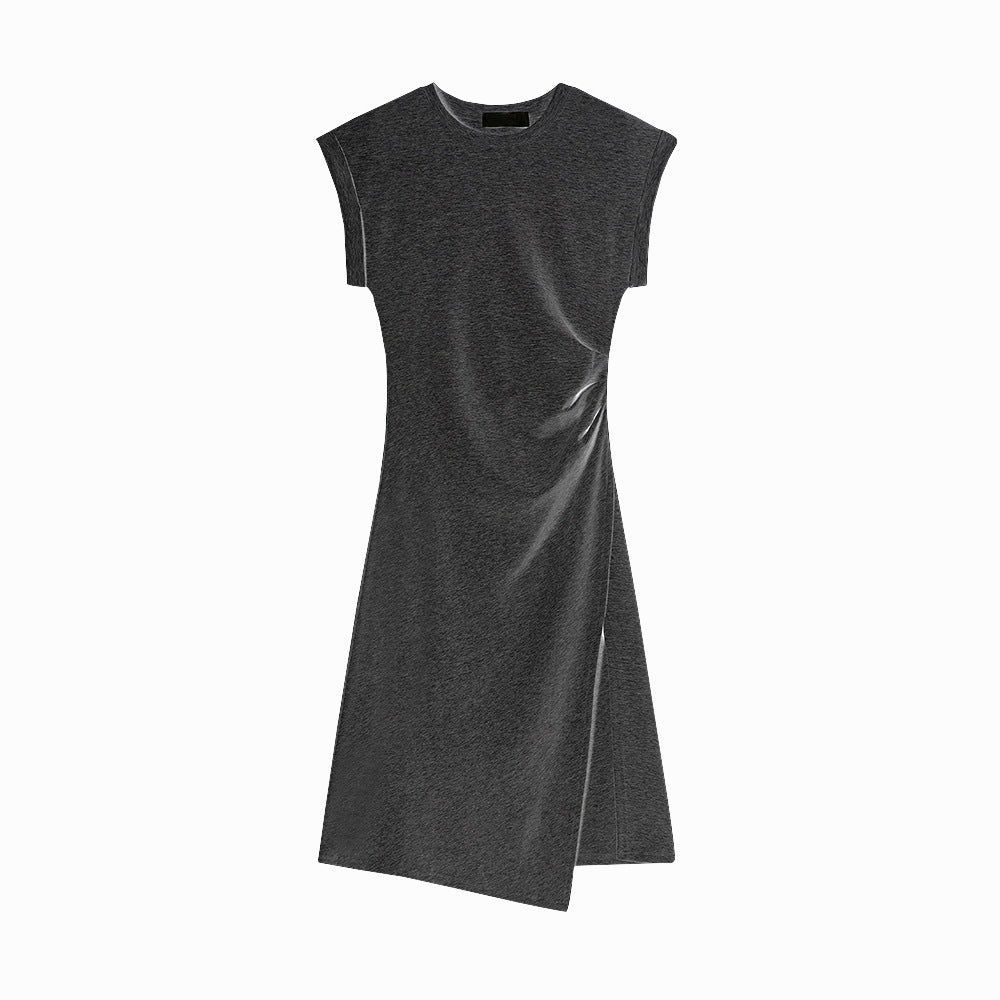 Crimp Waist Split Thread T-shirt Dress Women's Round Neck Top