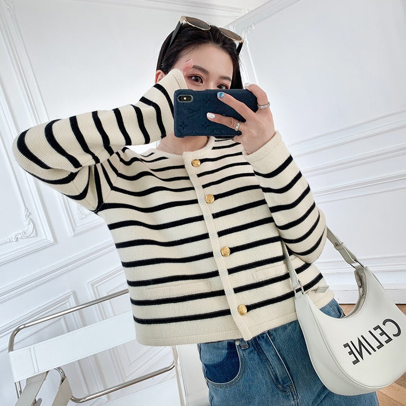 Spring/Summer New French Style Fragrant Round Neck Striped Knitted Cardigan Short Coat Overlay Top Long Sleeve Sweater