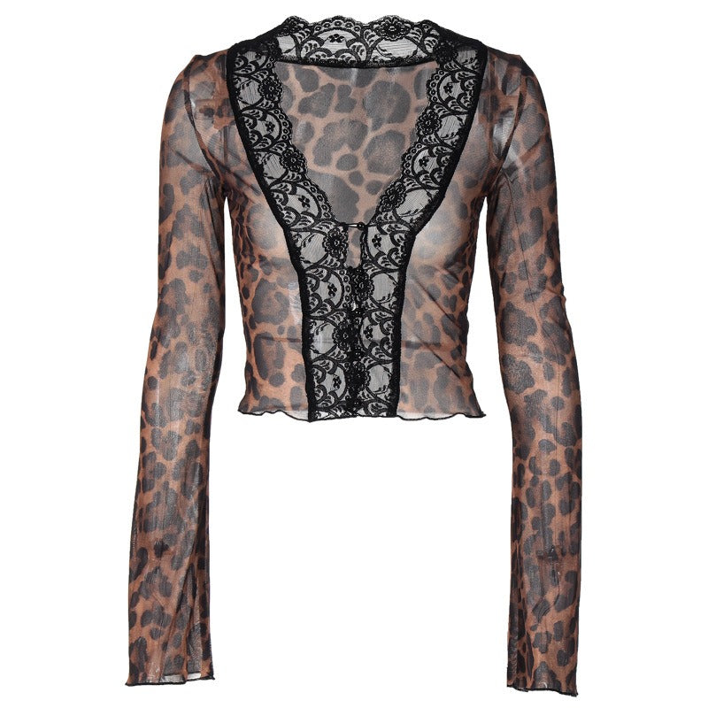 Fashionable printed sexy mesh lace cardigan T-shirt