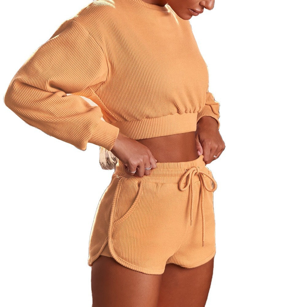 Long-Sleeved Top and Fitness shorts Two-Piece set